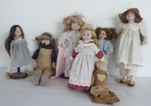 20thC bisque head porcelain and other dolls  largest 15"h