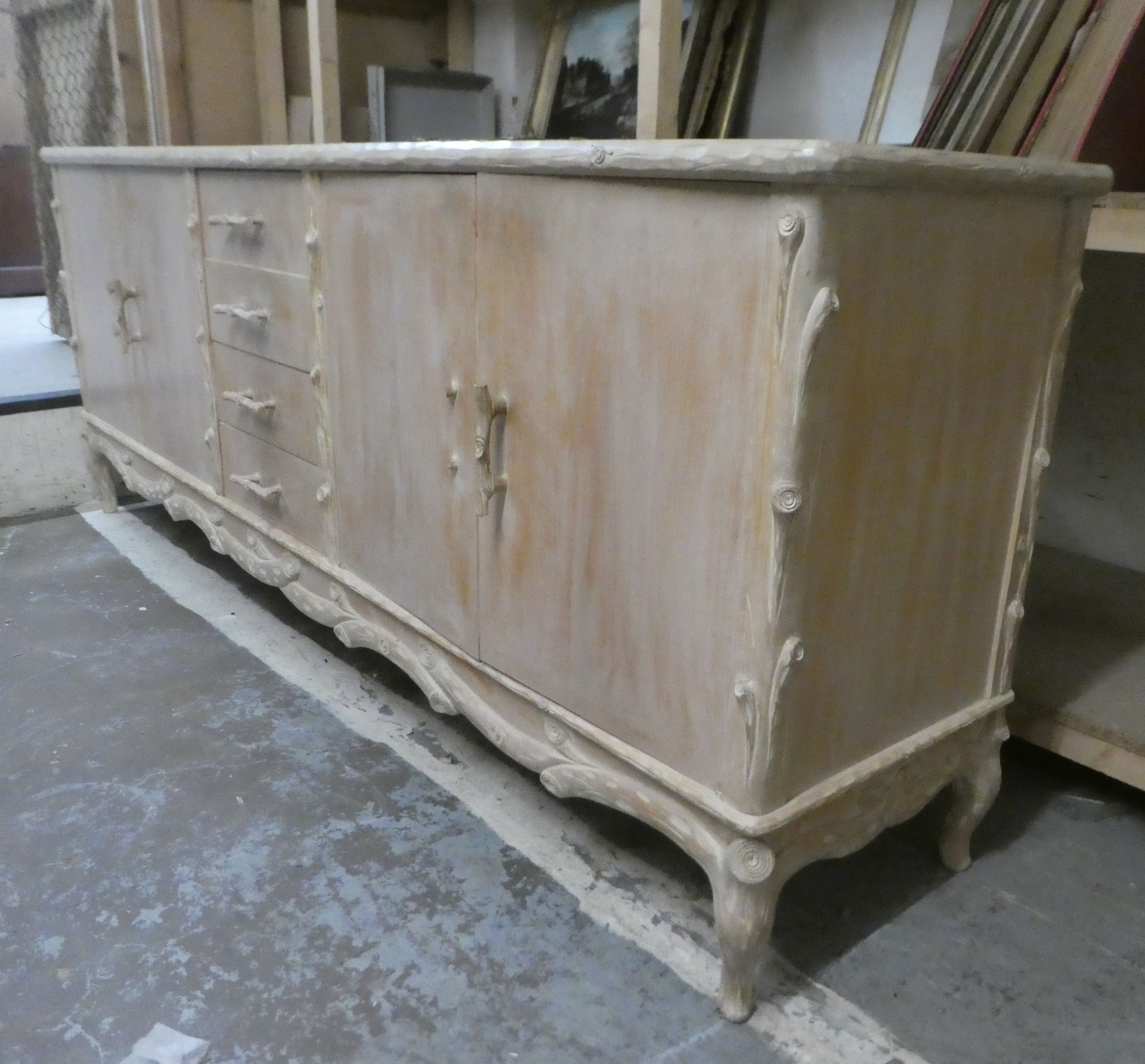 A modern French hunting lodge style, naturally carved, bleached light oak sideboard with a central - Image 2 of 9