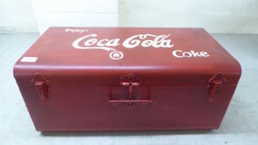 A painted metal hinged trunk, branded for Coca-Cola  10"h  24"w