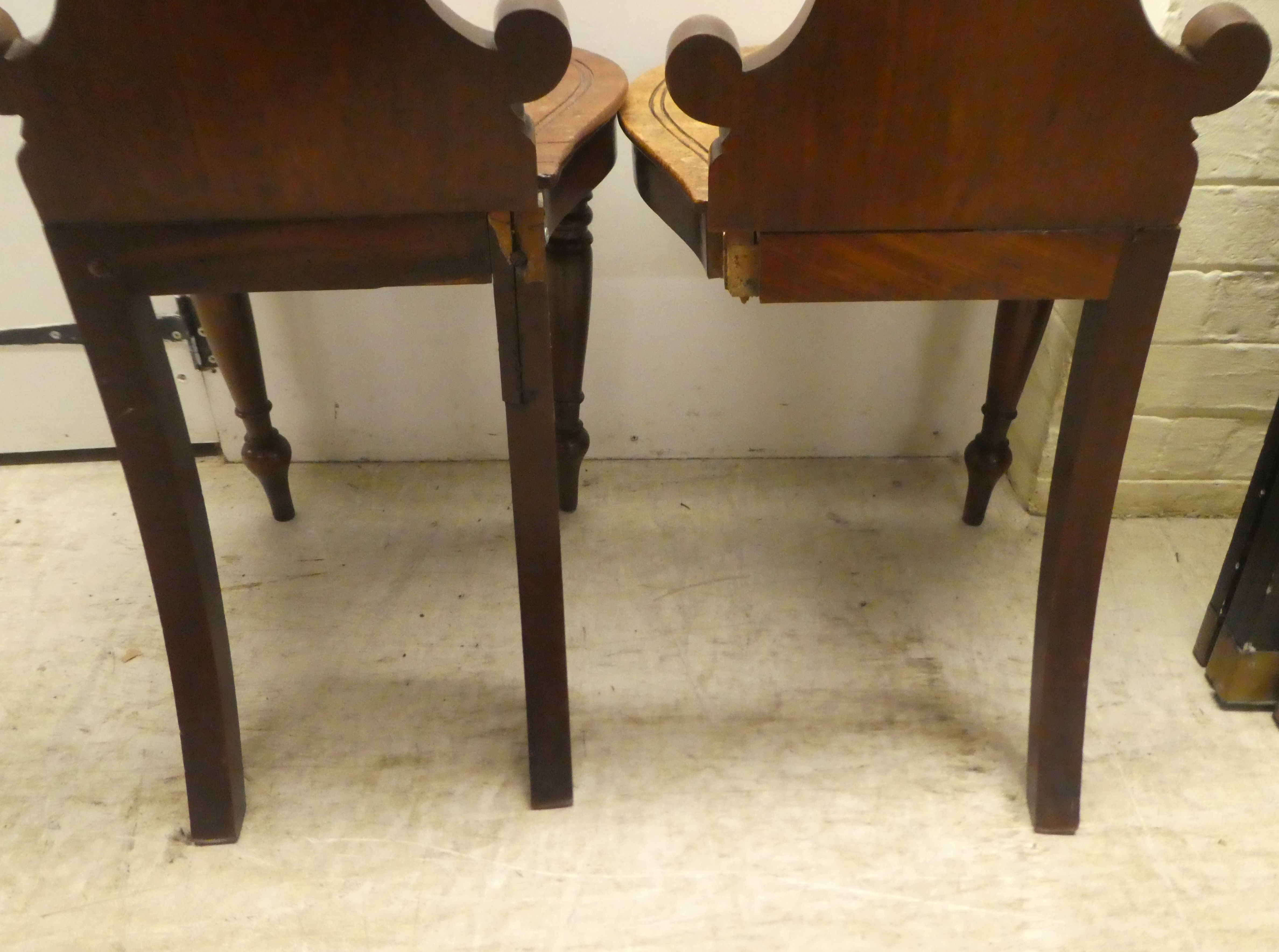 A pair of William IV mahogany hall chairs, the shell and twin C-scrolled back, over a solid seat, - Image 8 of 9