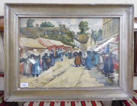 EM Urquhart - a street market scene  watercolour  bears a signature  13" x 19"  framed