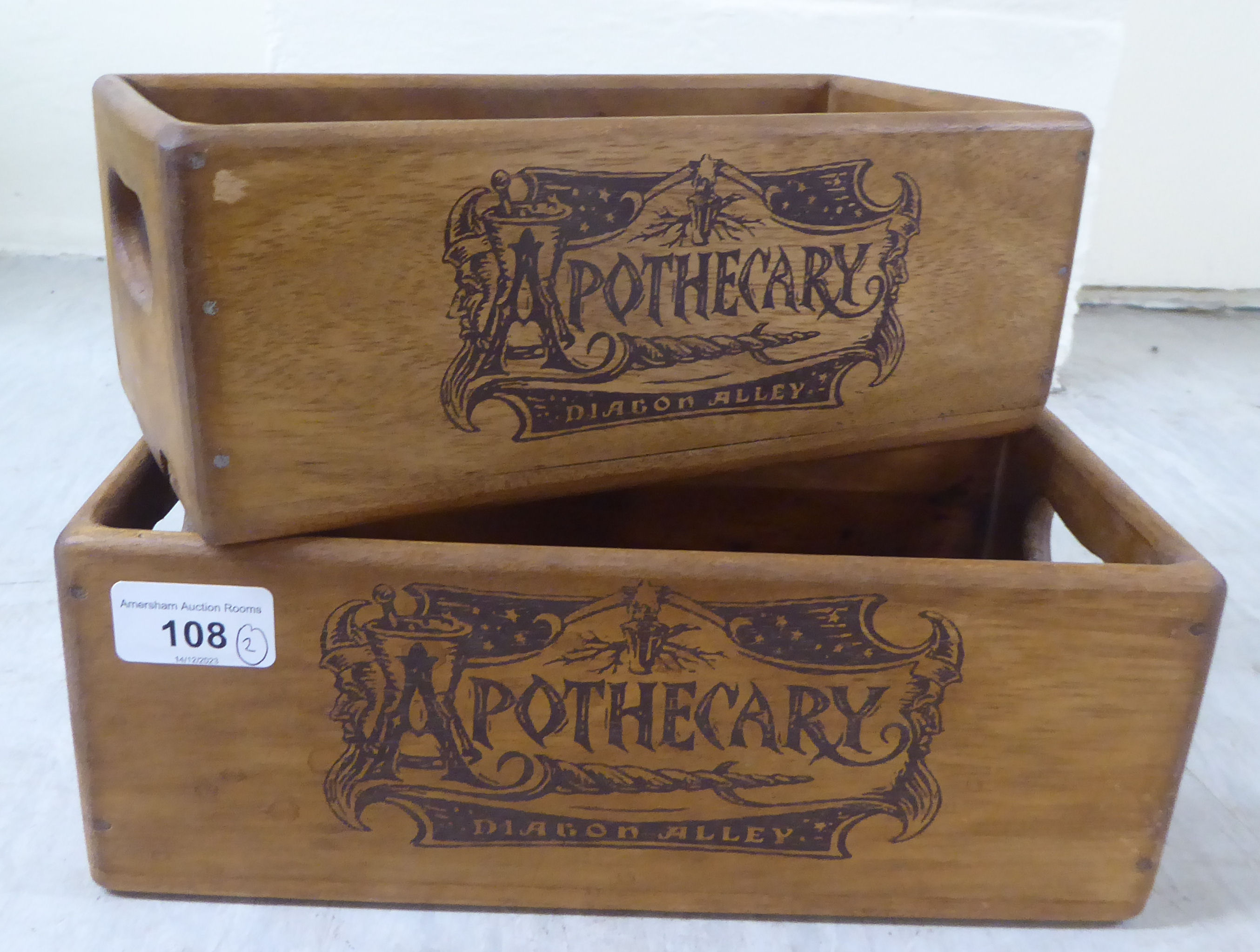 Two Harry Potter apothecary 'Diagon Alley' open wooden crates  11"h  9"w - Image 2 of 3