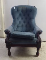 A mid Victorian mahogany showwood framed salon chair, later part button upholstered in blue