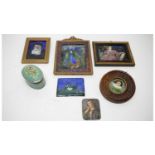 Selection of portraits, various; and a trinket box.