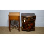 A mid 20th C work table; and an Asian bowfront cabinet.