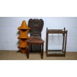 Corner wall shelf; 19th C hall seat; and an early 20th C stick stand.