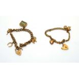 Two 9ct yellow gold charm bracelets,
