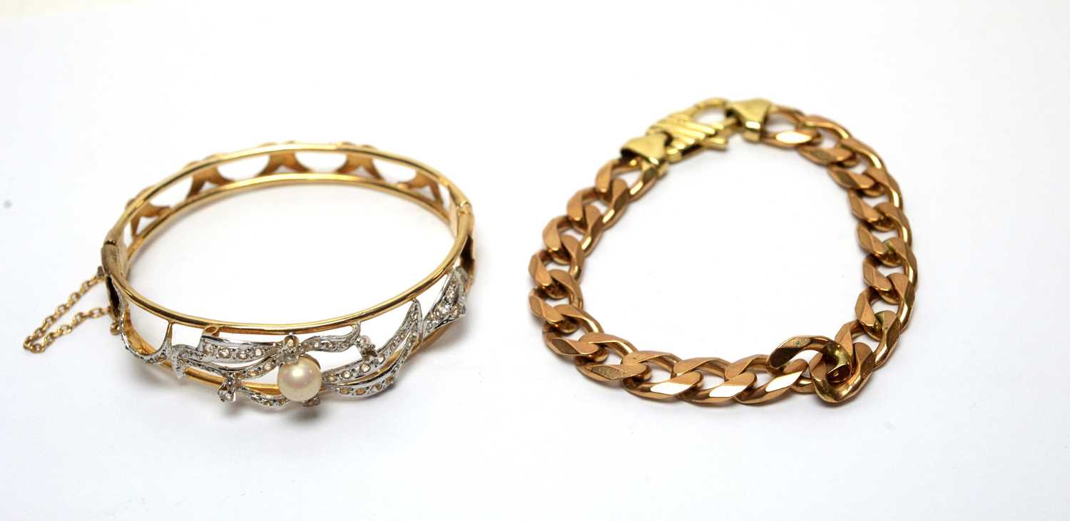 A 9ct yellow gold curb link bracelet, and a bangle