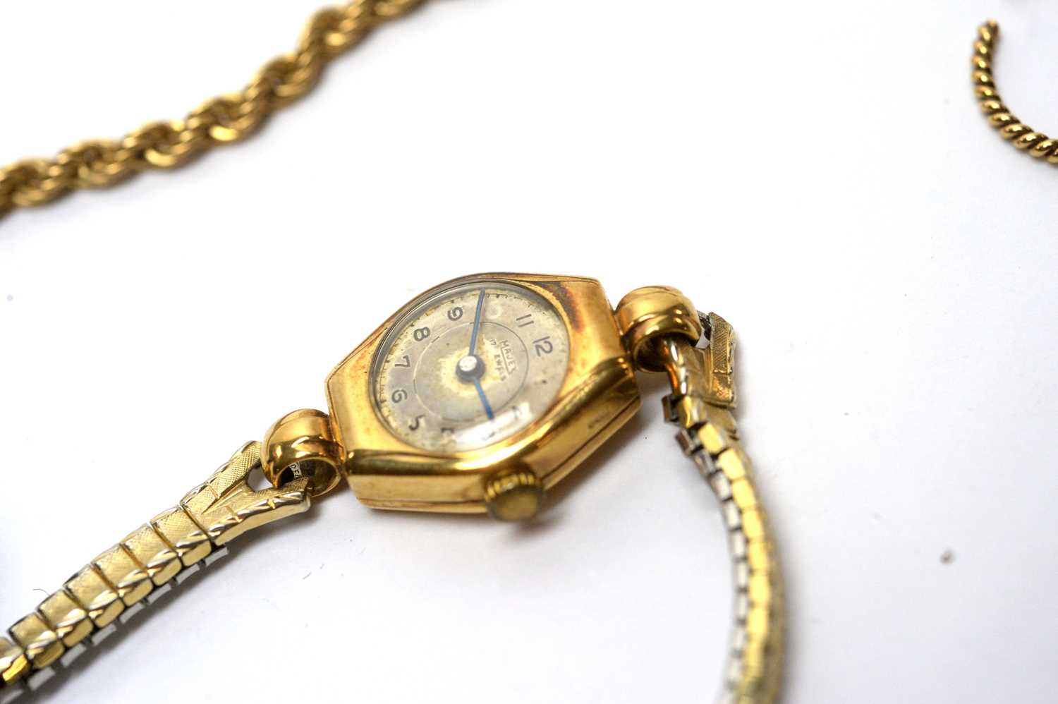 Two gold rings; gold twist link necklace; two gold cocktail watches; and other items. - Image 6 of 7