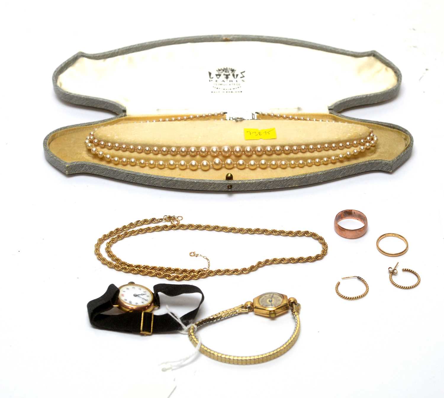 Two gold rings; gold twist link necklace; two gold cocktail watches; and other items.