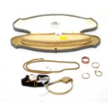 Two gold rings; gold twist link necklace; two gold cocktail watches; and other items.
