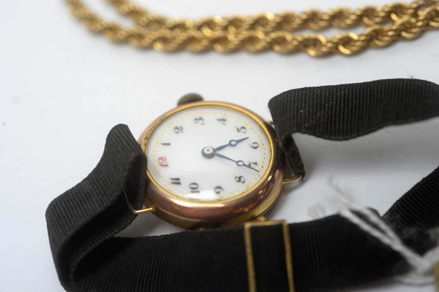 Two gold rings; gold twist link necklace; two gold cocktail watches; and other items. - Image 5 of 7