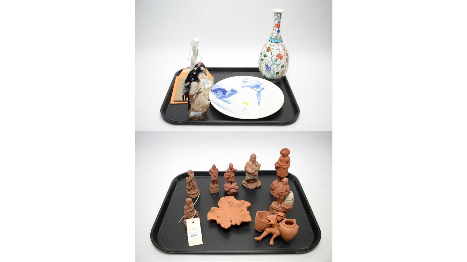 A selection of decorative ceramic wares and terracotta figures.