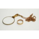 A gilt lornet; on 9ct yellow gold cable link chain; and 9ct gold ring,