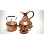 A Victorian copper harvest measure jug; and other items