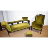 Late Victorian chaise long, matching armchair and associated footstool.