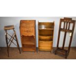 Two 1930's magazine racks/ bookcases; stick stand; and jardiniere stand.