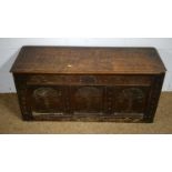 A carved oak coffer; a pot cupboard and Bristol semi-porcelain chamber pot.