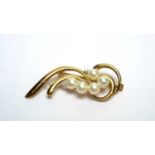 A diamond, cultured pearl and 9ct yellow gold brooch,