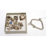 A silver charm bracelet and various charms,