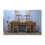 Modern pine dining table; and six dining chairs, all in the Victorian-style.