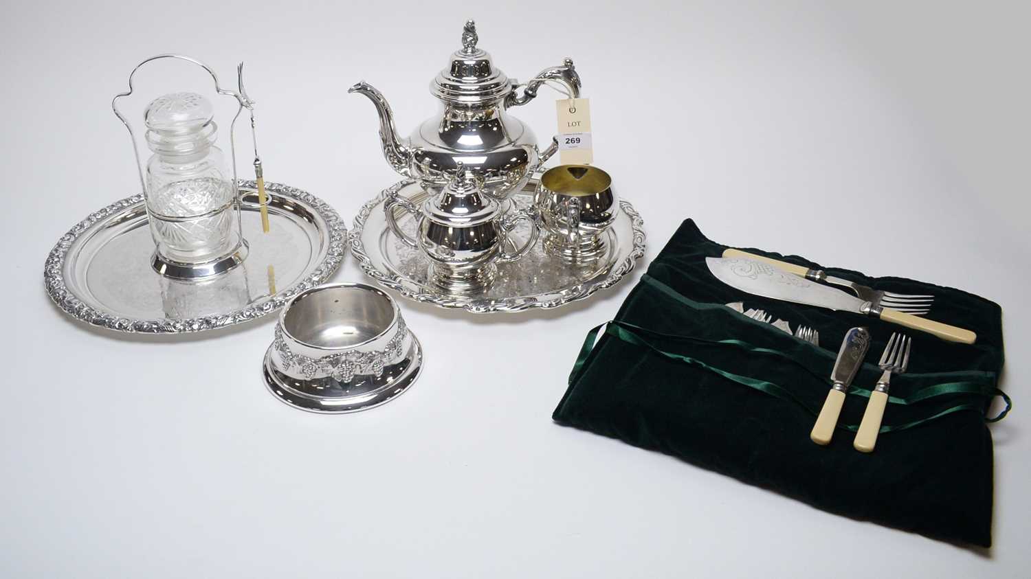 An Oneida three-piece silver-plated tea service; and other silver-plated wares, various.