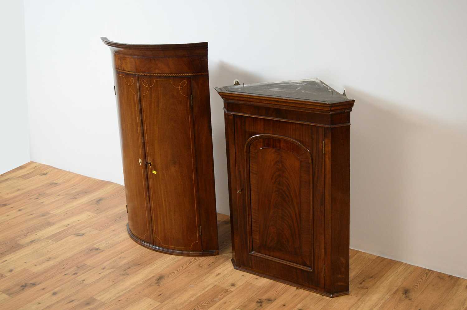 Regency inlaid mahogany bow front corner cupboard, with another, - Image 3 of 6