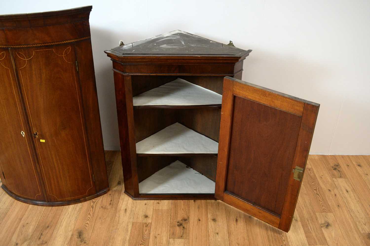 Regency inlaid mahogany bow front corner cupboard, with another, - Image 6 of 6