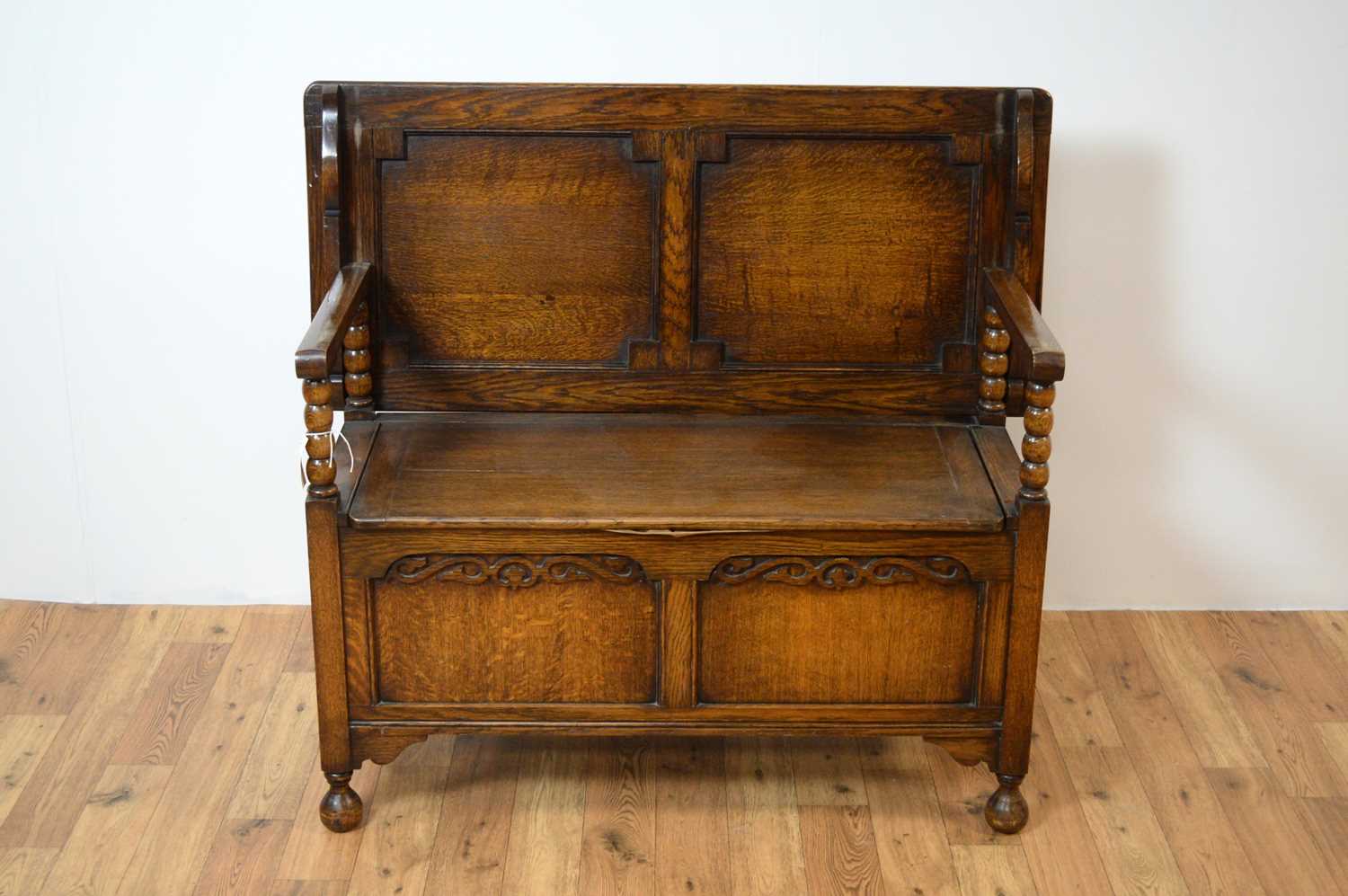 A 20th Century Jacobean Revival oak monks bench - Image 5 of 7