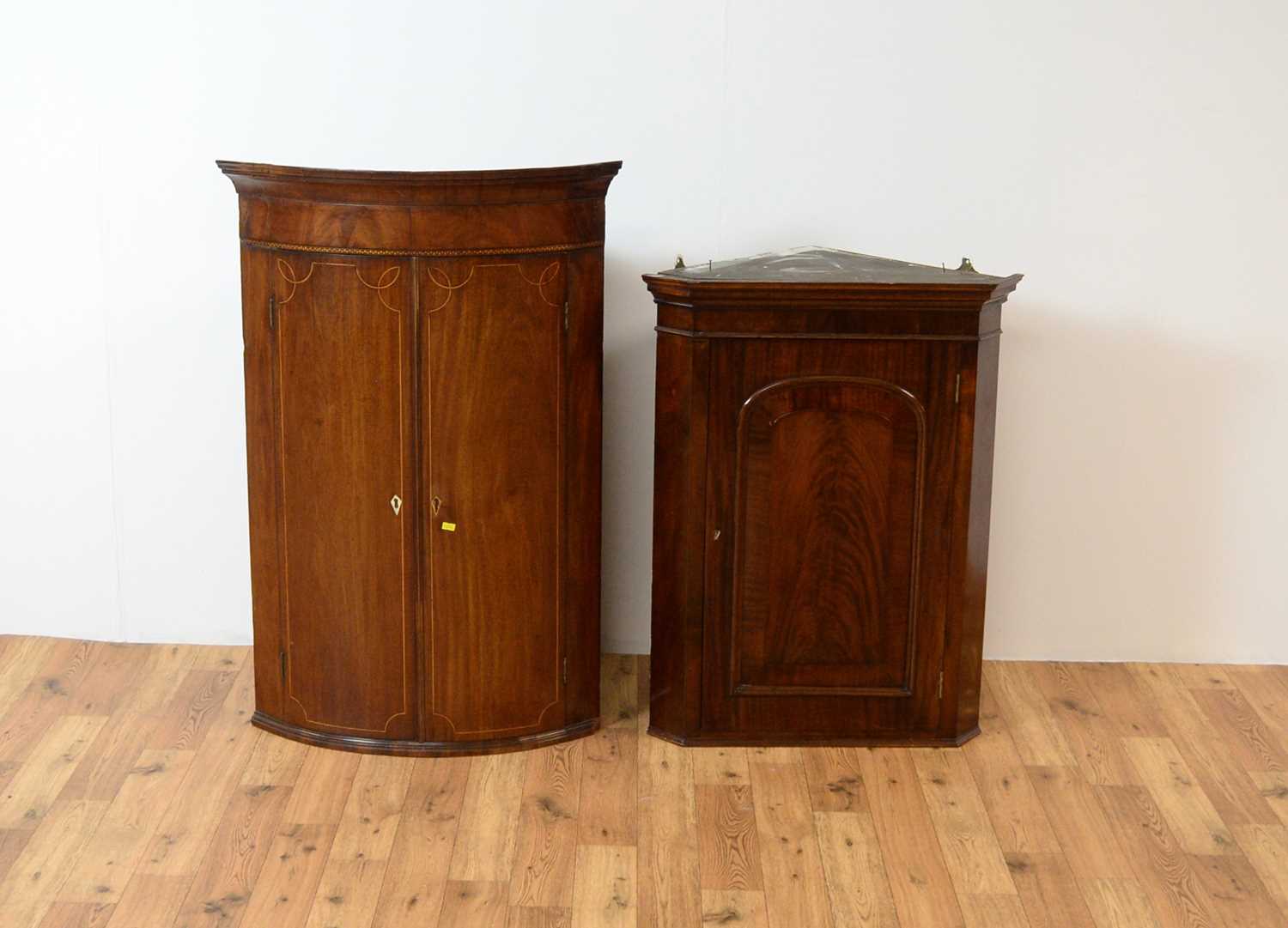 Regency inlaid mahogany bow front corner cupboard, with another, - Image 2 of 6