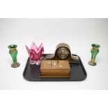 A mantel clock, Art Deco cigar box; and glassware, various.