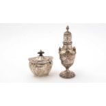 A silver sugar caster, by Nathan & Hayes, together with a silver tea caddy,