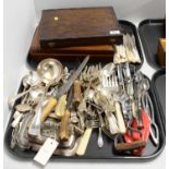 A cased set of electroplate fruit knives and forks, and a large quantity of flatware.