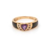 A 9ct yellow gold, diamond and amethyst love heart sweetheart ring,
