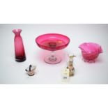 Royal Crown Derby miniature ewer and coal scuttle; and three pieces of cranberry glassware.