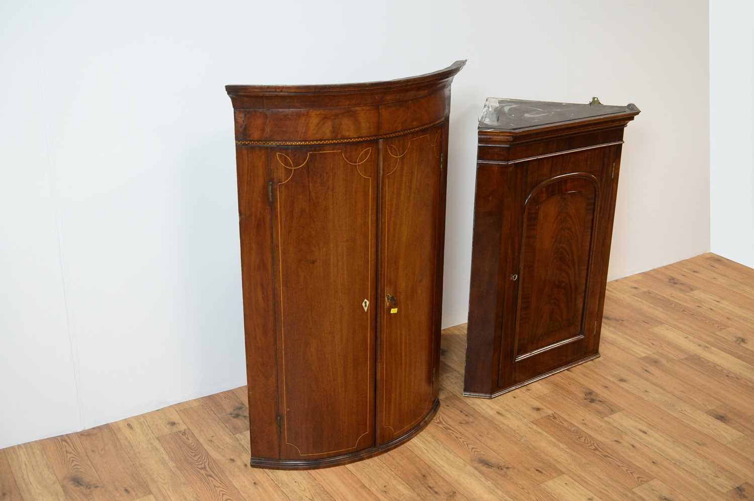 Regency inlaid mahogany bow front corner cupboard, with another, - Image 4 of 6