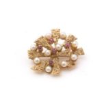 A 9ct yellow gold brooch set with cultured pearls and rubies,