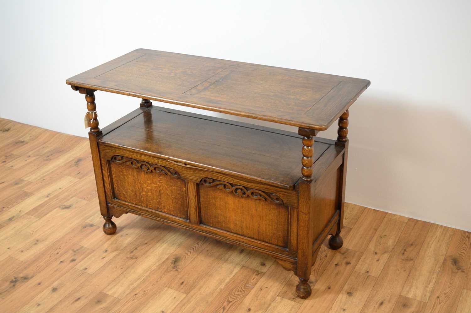 A 20th Century Jacobean Revival oak monks bench - Image 3 of 7