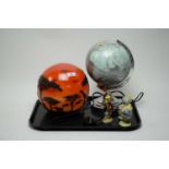 A Touchlamp Globe designs table globe; a cameo glass night light; and three figurines.