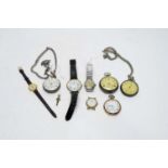 Three silver cased open faced pocket watches and other watches