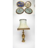 A vintage Venetian style gilt table lamp and shade and needlework home crafts.