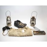 Assorted collectables; including football boots, Feuer Hand lamps, binoculars; and other items.