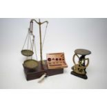 19th Century brass travelling apothecary scales and weights; and letter scales with part weights