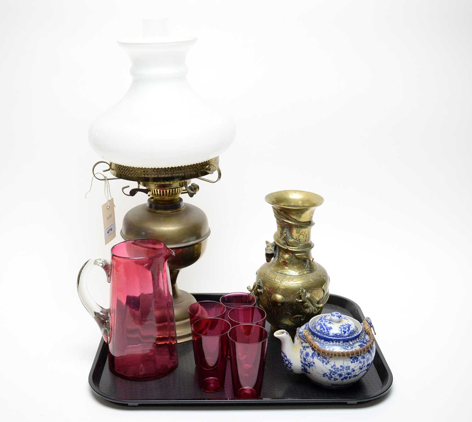 A vintage 20th Century gas oil lamp; cranberry glass beakers; and other items.