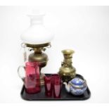 A vintage 20th Century gas oil lamp; cranberry glass beakers; and other items.