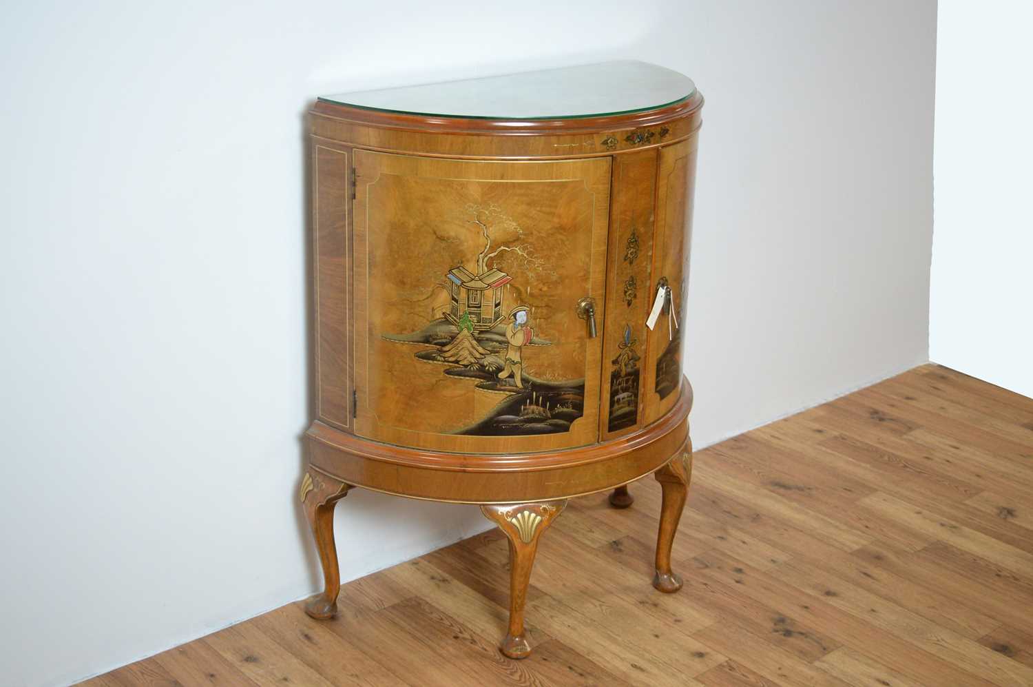 A 20th Century demi lune walnut cabinet with chinoiserie detailing - Image 3 of 7