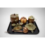 Desk accessories incl. Brighton brass scales, inkstand, two tea caddies and two other items