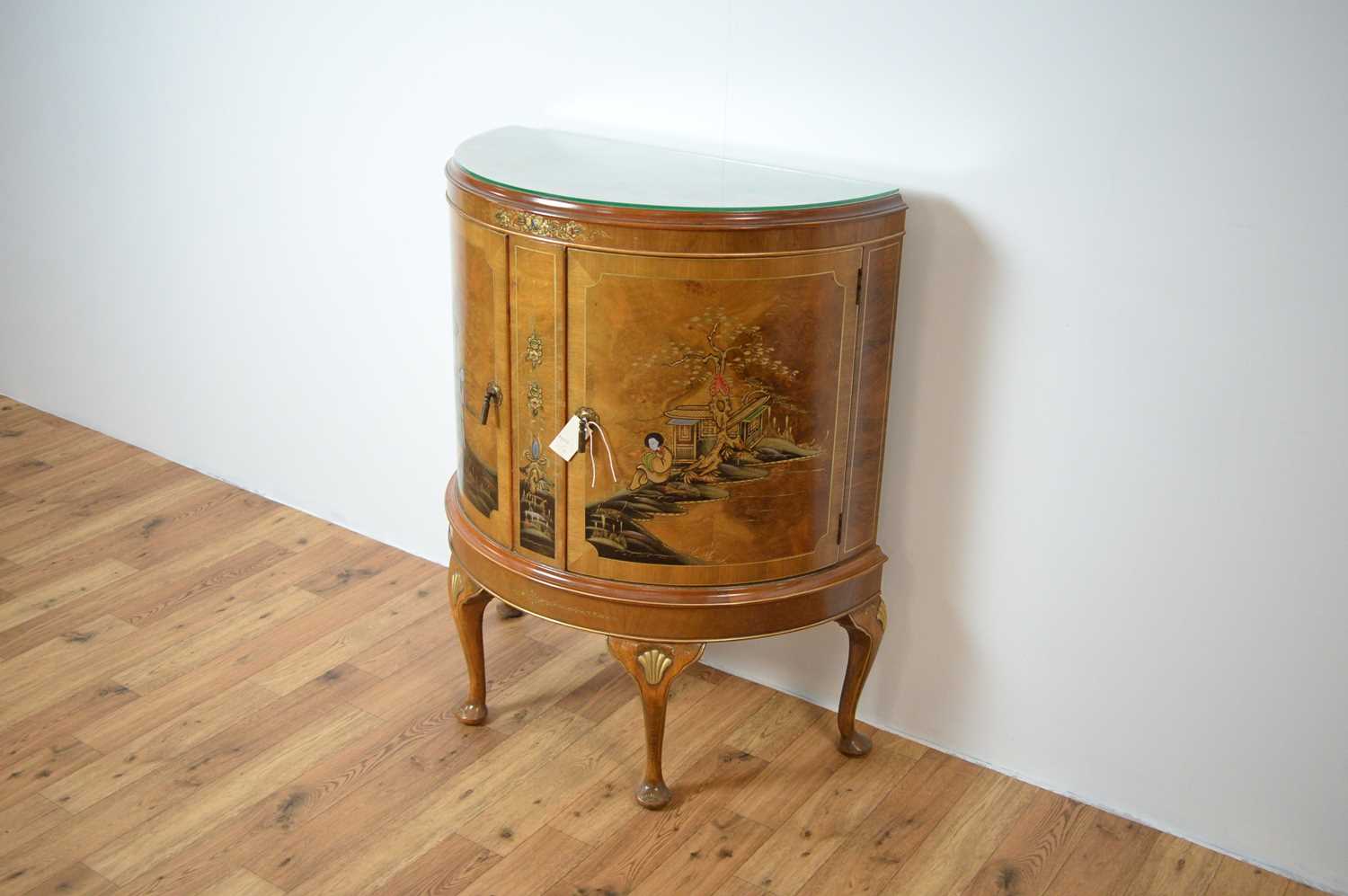 A 20th Century demi lune walnut cabinet with chinoiserie detailing - Image 2 of 7