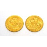 Two George V gold half sovereigns, 1912 and 1914.