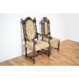 Victorian walnut armchair in the 17th Century style and a Victorian carved oak side chair